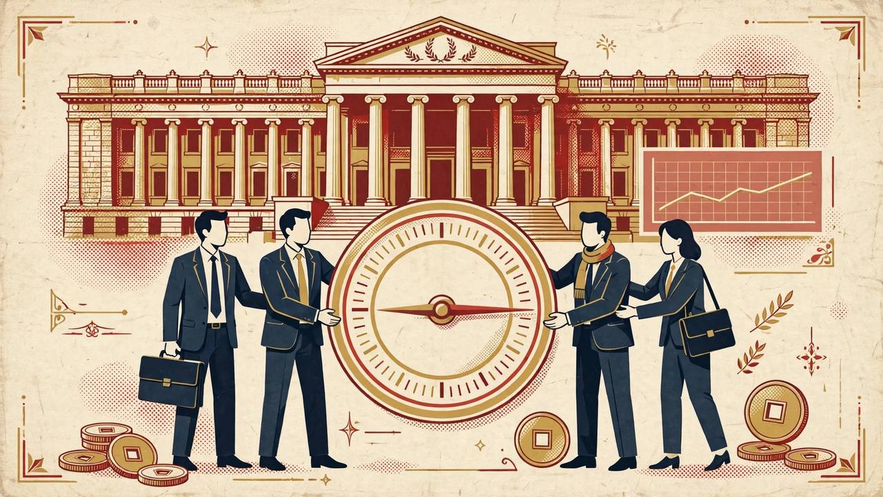 Editorial illustration: a central-bank building with a large interest-rate dial held steady by generic businesspeople, yuan coins and a flat line chart, no real person's likeness