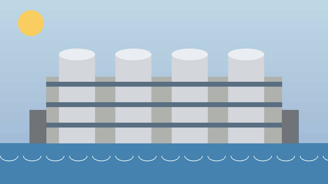 Editorial illustration of a generic desalination plant with storage tanks and pipes by the sea — no real facility or person depicted