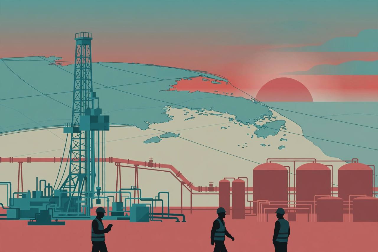 Editorial illustration of oil and gas rigs, pipelines and storage tanks in China at dawn, with generic workers in hard hats