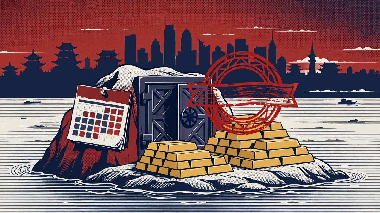 Editorial illustration of an offshore island vault with gold bars, a red tax stamp and a calendar page before a stylised skyline, flat style, no text, no real person depicted