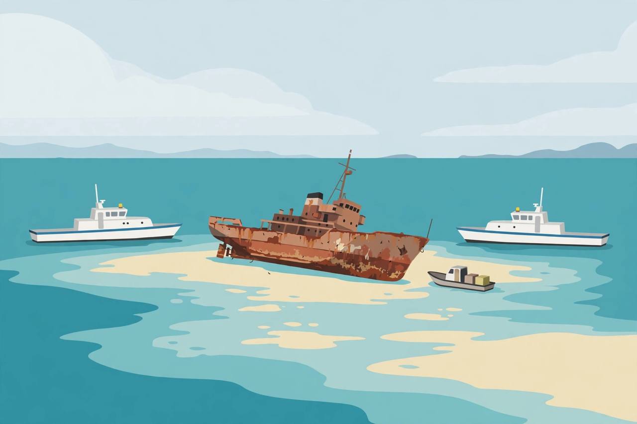 Editorial illustration of coast guard vessels near a grounded naval ship on a shallow shoal — no real place or person depicted
