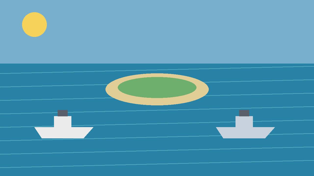 Editorial illustration of generic coast guard vessels near a small atoll in the South China Sea