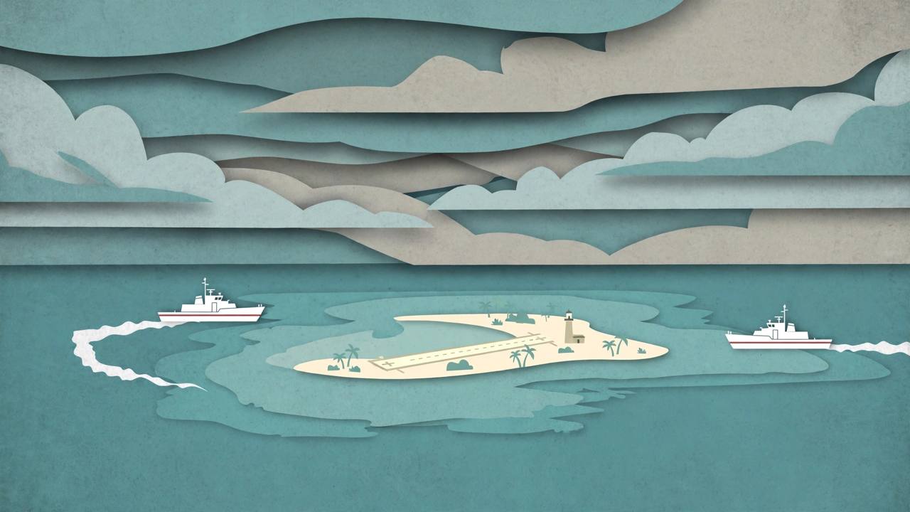 Editorial illustration of a small tropical atoll with a lighthouse in a turquoise sea, two generic white coast guard cutters with a plain red stripe approaching from opposite sides, dramatic clouds, no real person's likeness