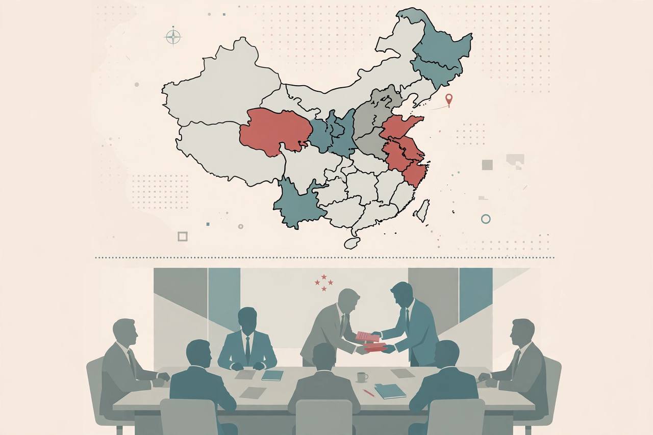 Editorial illustration of a stylised map of China with six provinces highlighted and generic officials around a conference table