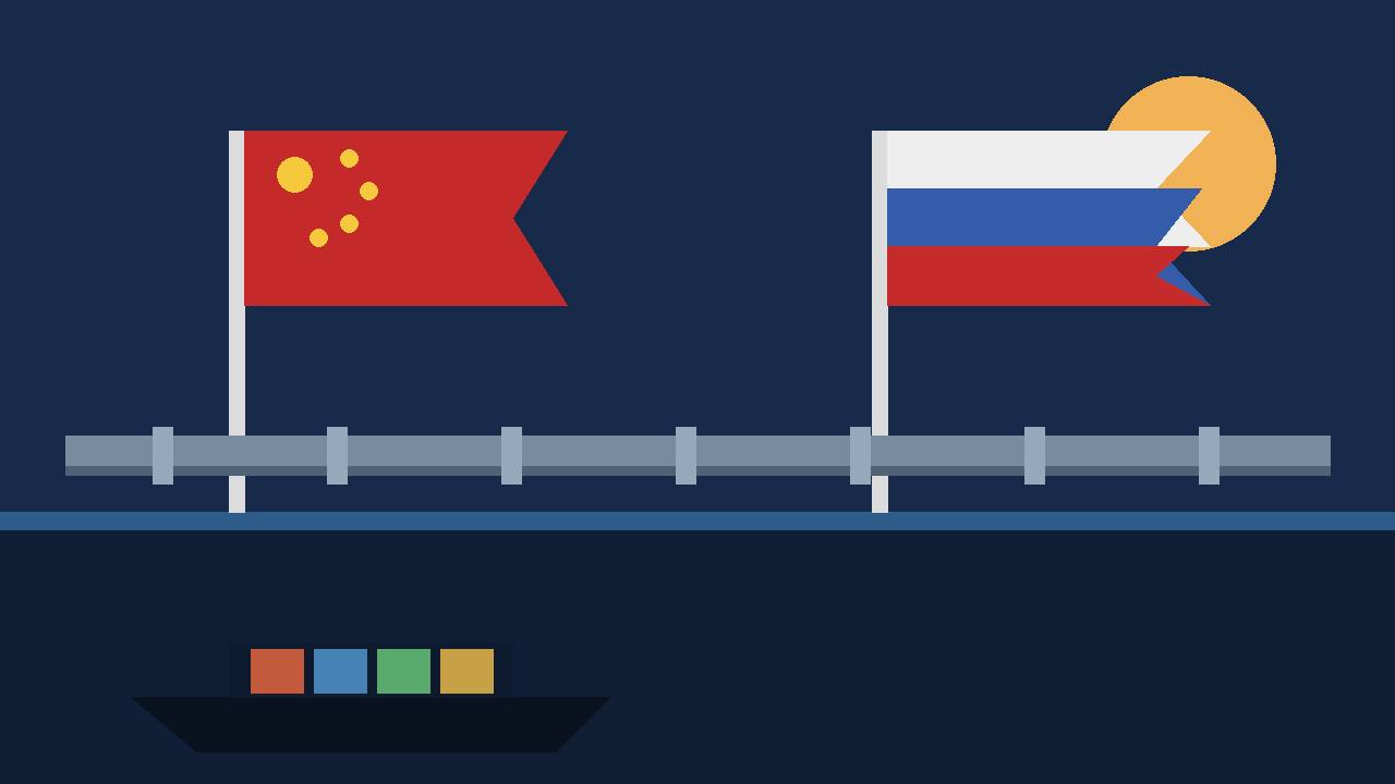 Editorial illustration of two abstract national flags above an energy pipeline and a generic cargo ship — no real person, place or incident depicted