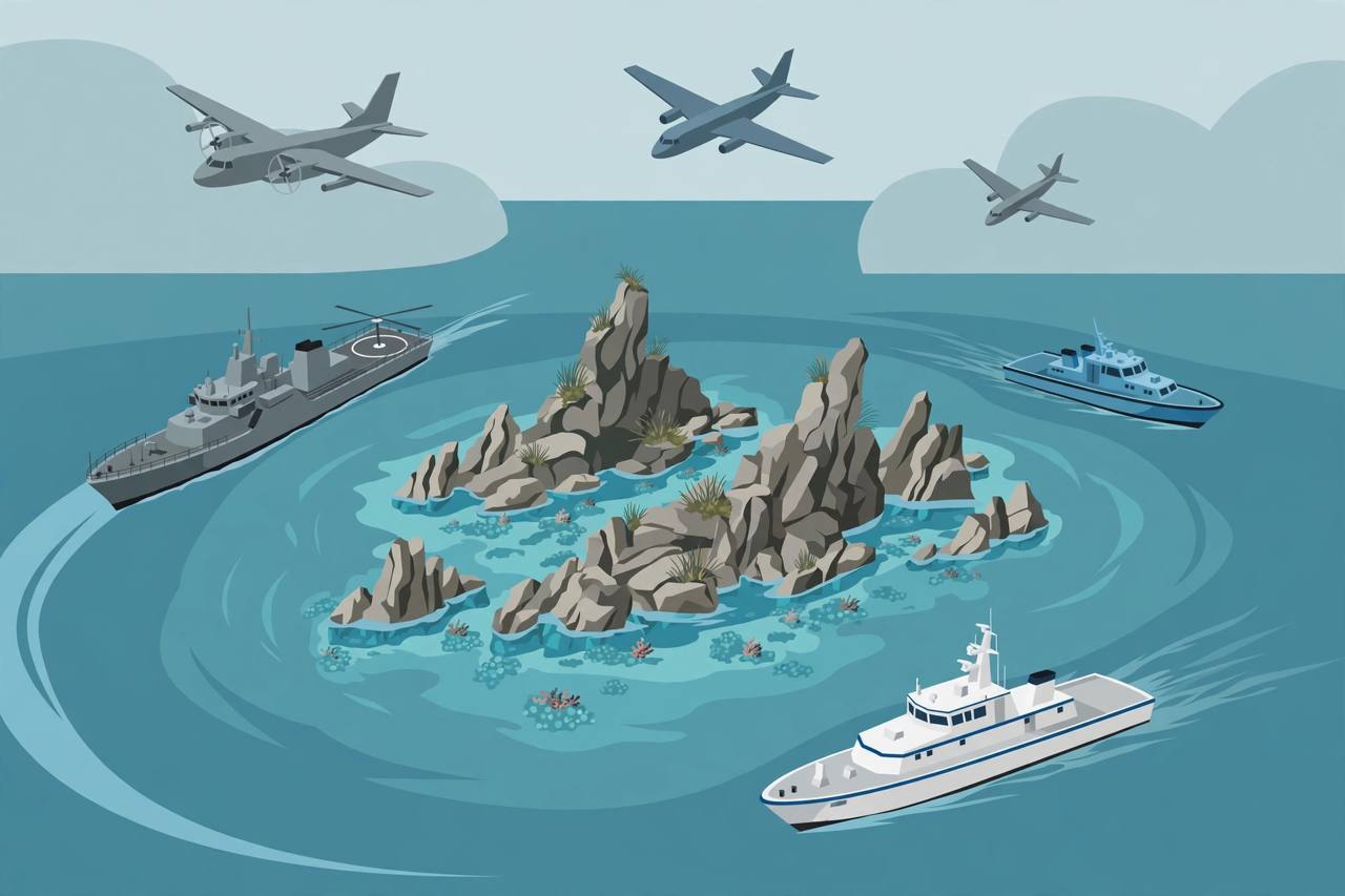 Editorial illustration of naval and air patrols around Scarborough Shoal in the South China Sea