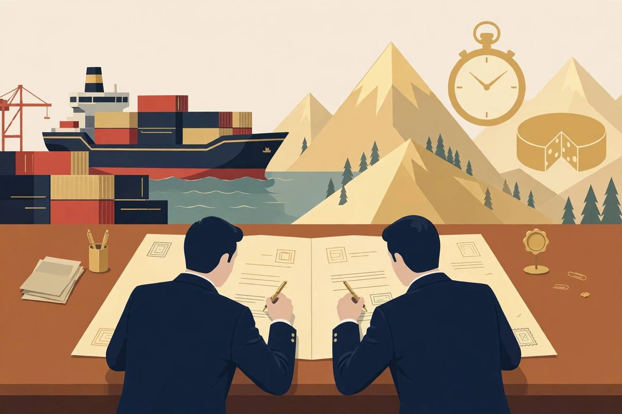 Editorial illustration of two generic officials seen from behind signing a large trade document, with a container ship, cargo containers, alpine mountains, a watch and a cheese wheel in the background