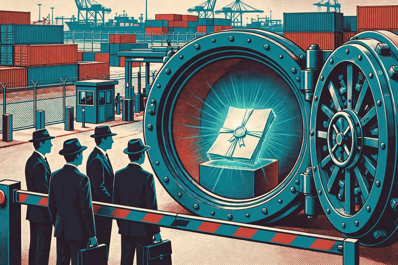 Editorial illustration of a locked vault holding a glowing trade-secret document, with generic business figures stopped at a customs border barrier beside cargo containers