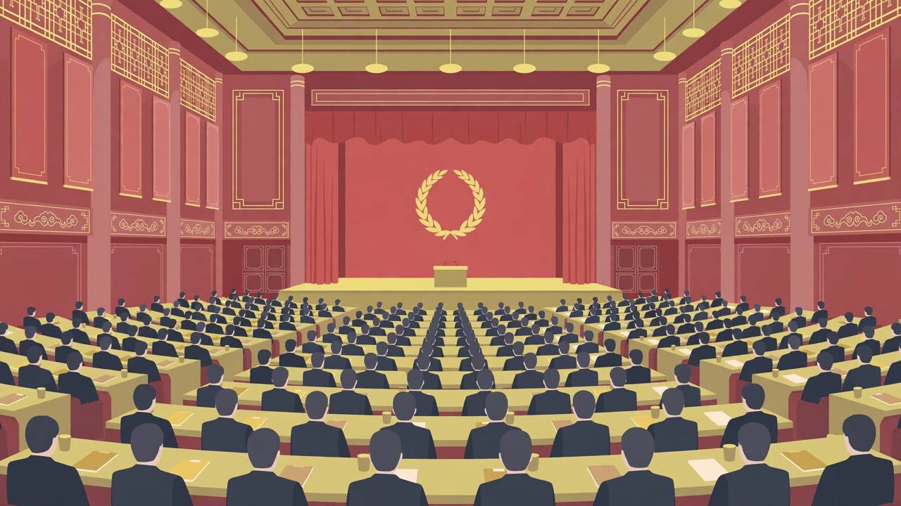 Editorial illustration of a closed-door Communist Party plenum assembly hall in Beijing, with generic delegates seated before a red stage