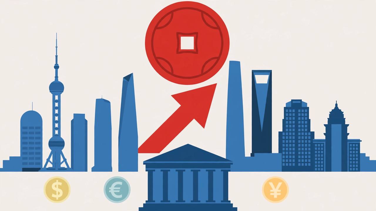 Editorial illustration of a yuan symbol rising over a Shanghai skyline and central bank building