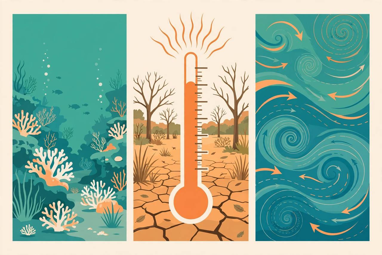 Editorial illustration: Earth in three panels — bleaching coral reef, Amazon rainforest in drought with cracked earth, and Atlantic ocean currents weakening — with a rising thermometer, no real person's likeness