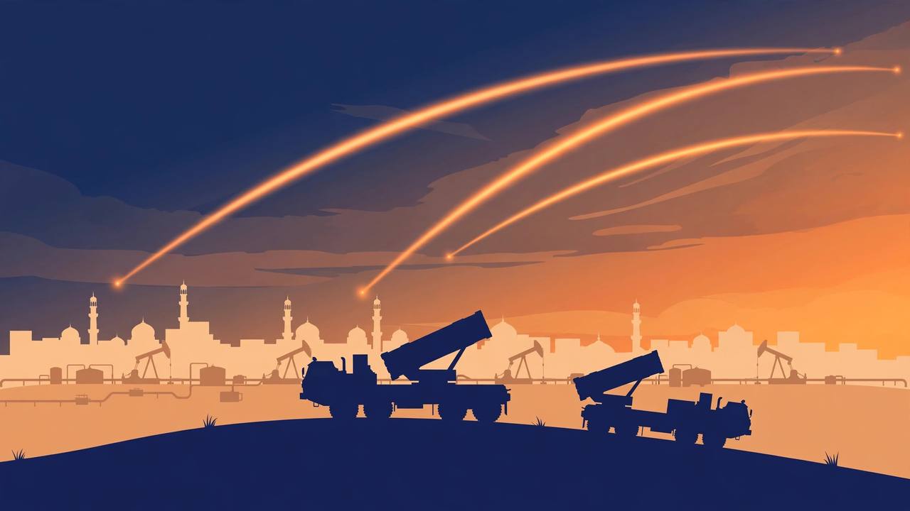 Editorial illustration of air-defence interceptor trails arcing over a desert capital skyline at dawn, with generic mobile missile launchers silhouetted on a hill - flat style, no real person shown