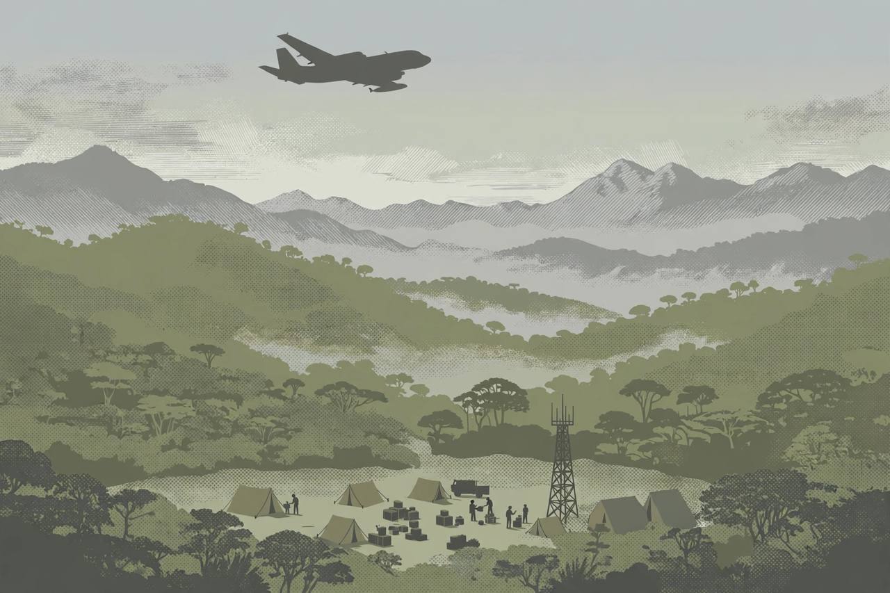 Editorial illustration of a military aircraft silhouette over green jungle hills and a small camp clearing in southwestern Colombia, flat style, generic figures only, no real person depicted