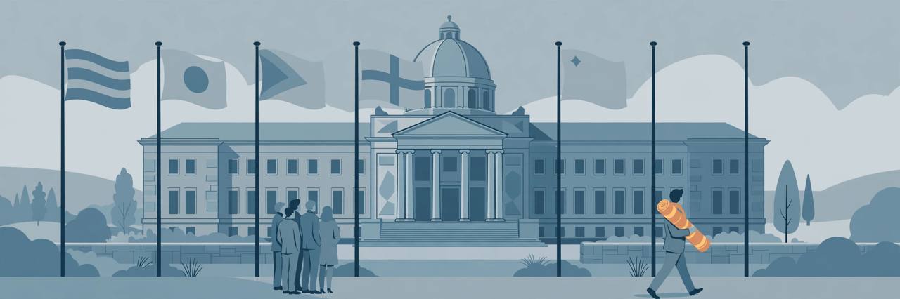 Flat editorial illustration of a stylised international court building with generic figures and flags, no real person depicted. (Editorial illustration)