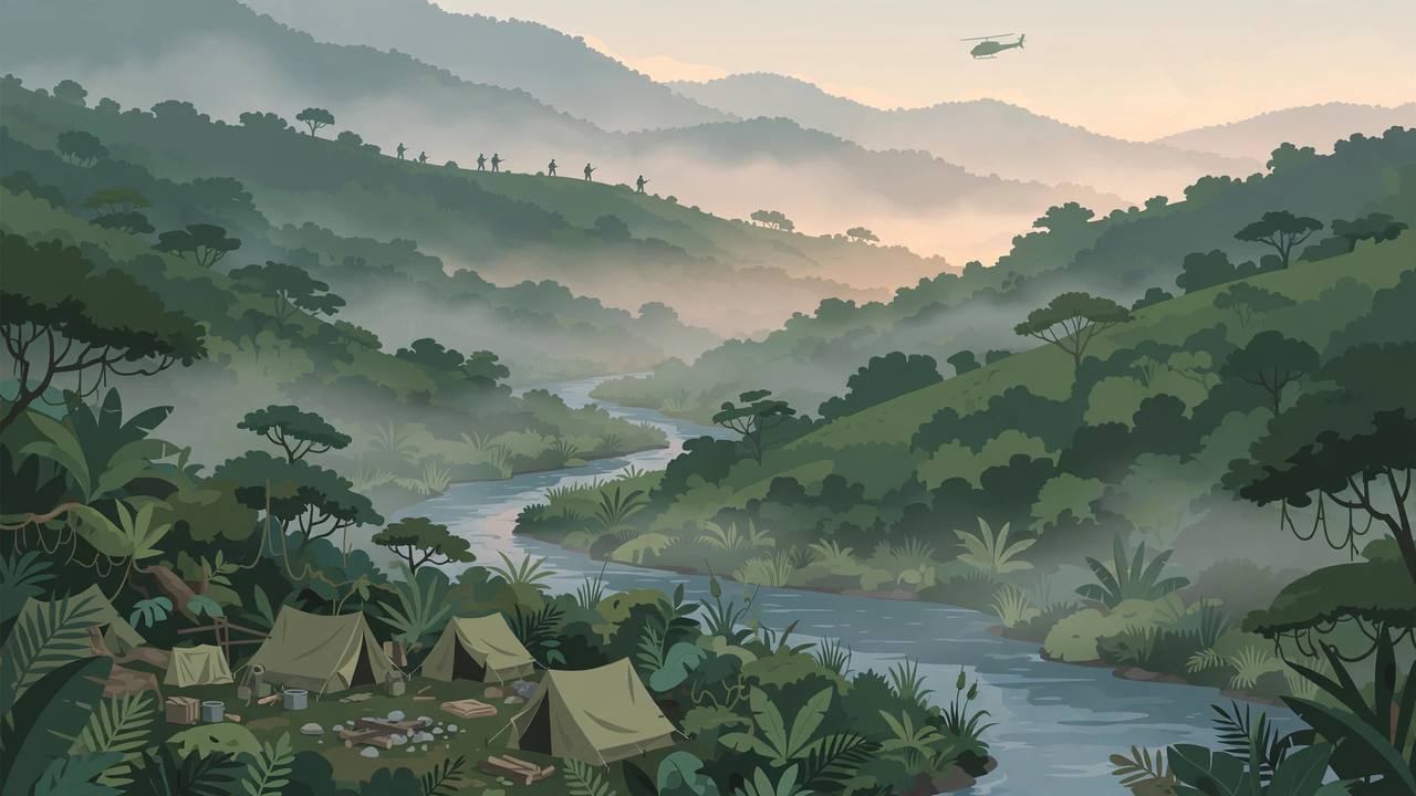 Editorial illustration of jungle-covered mountains in Cauca at dawn with a small generic helicopter and distant generic figures on a ridge - flat style, no real person shown