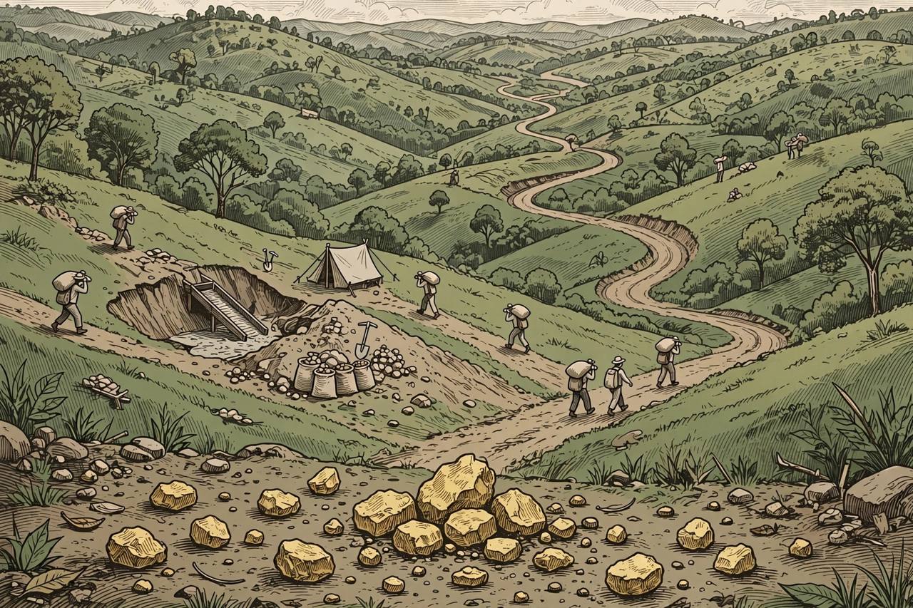 Editorial illustration of a generic gold mining site in green hills of eastern Congo with a dirt road toward distant border hills