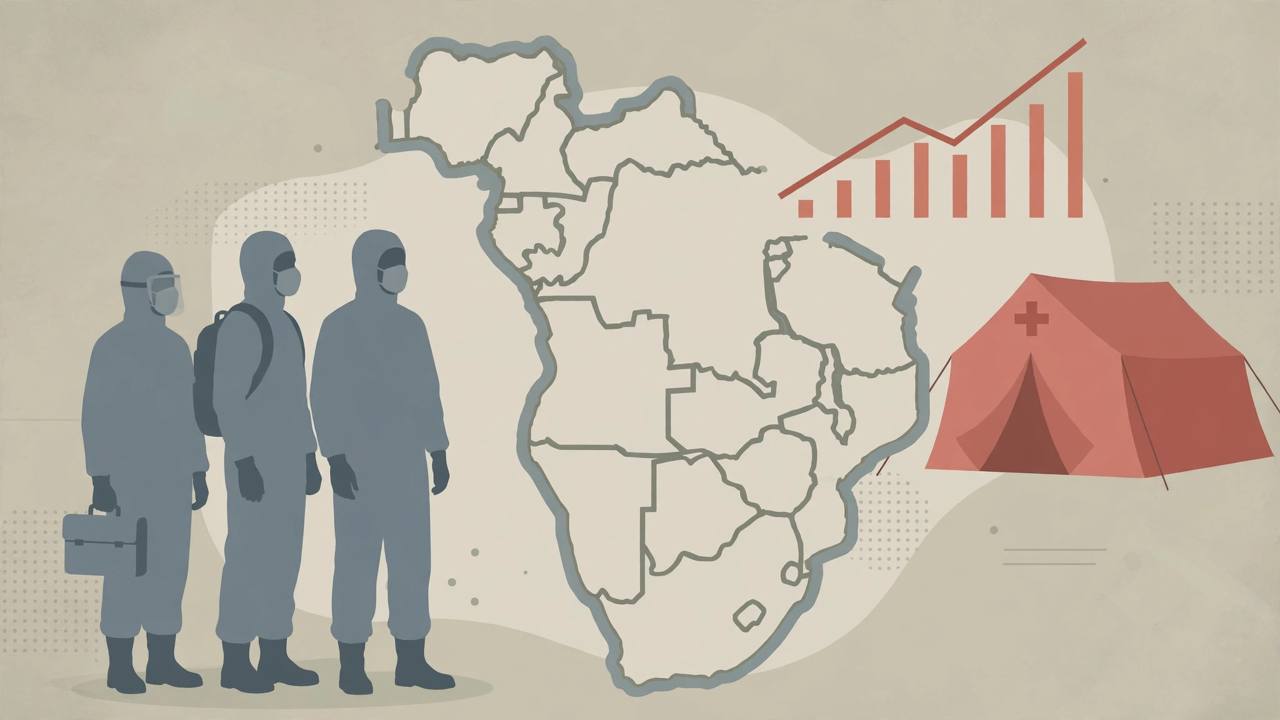 Editorial illustration of health workers in protective suits as generic figures beside an outline map of the Democratic Republic of Congo, with a medical tent and rising case chart, no real person depicted