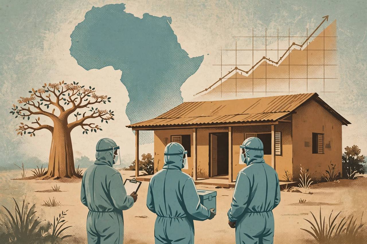 Editorial illustration of generic health workers in protective suits outside a treatment centre in Central Africa