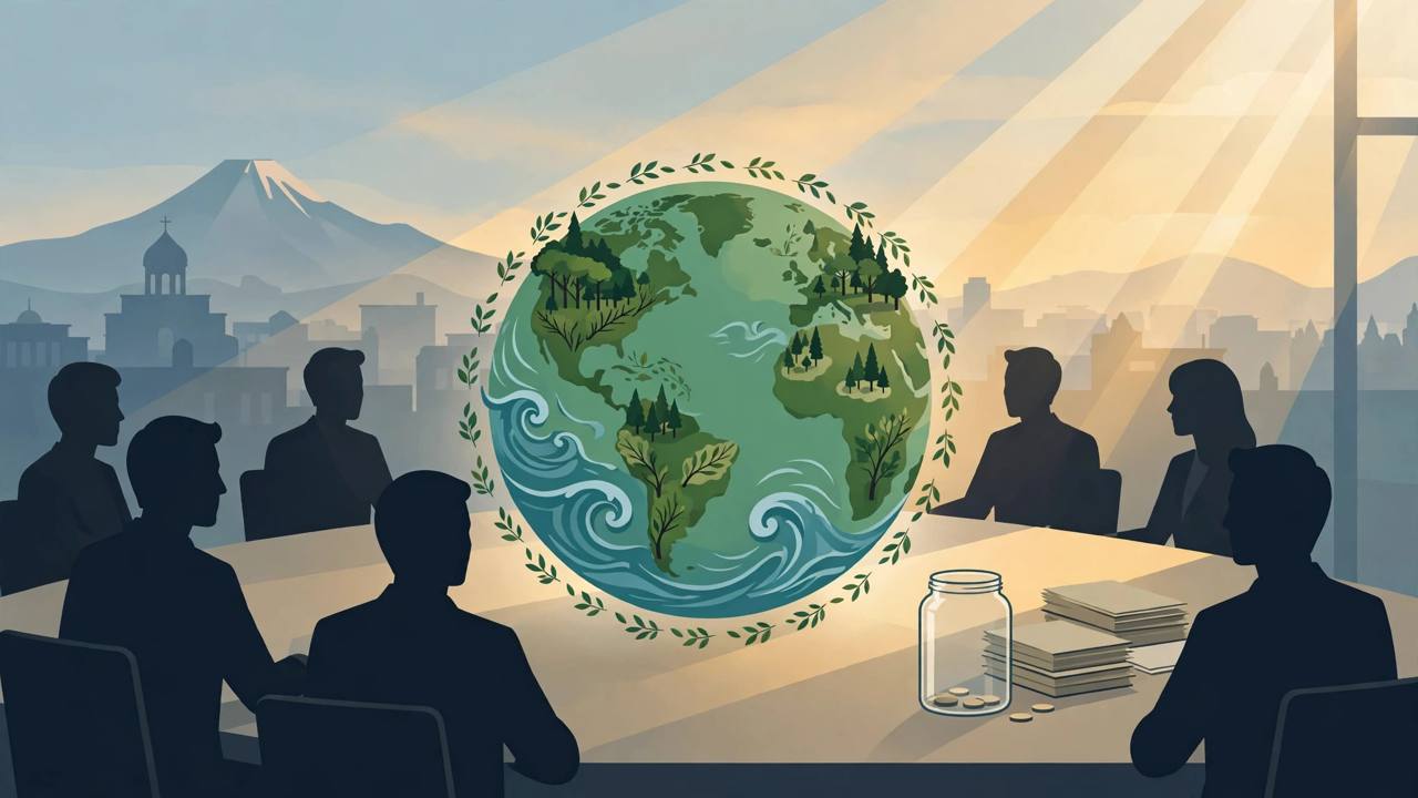 Delegates as silhouettes around a conference table facing a green globe of forests and oceans, with an almost-empty funding jar beside documents in Yerevan. (Editorial illustration)