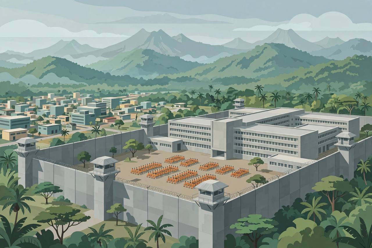 Editorial illustration of a large maximum-security prison with high walls and watchtowers outside a Central American capital, with generic figures in orange uniforms in a courtyard