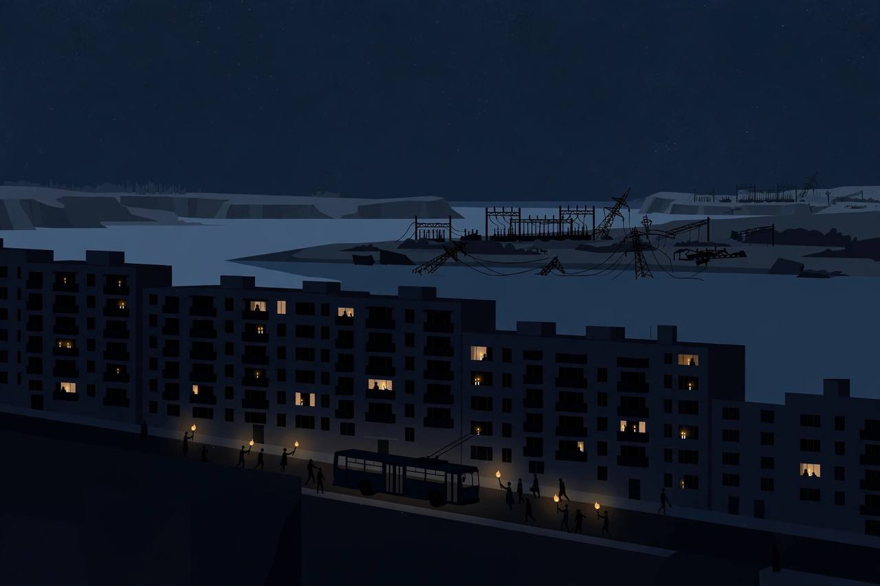 Editorial illustration of a Crimean coastal city in a night blackout, with candle-lit windows, residents carrying torches, a stopped trolleybus and a damaged substation across the strait