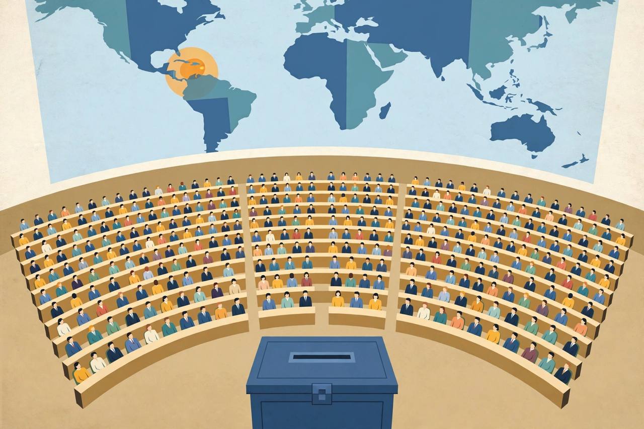 Editorial illustration of a generic UN General Assembly hall with delegate seats and a ballot box, flat style, no text, no real person depicted
