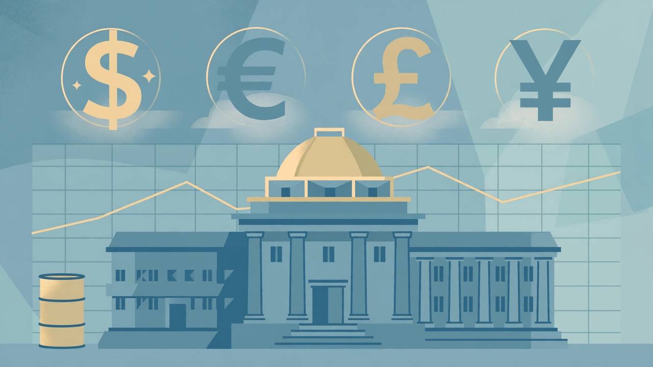 Editorial illustration of dollar, euro, pound and yen symbols above stylised central bank buildings, with an oil barrel and a calm chart line