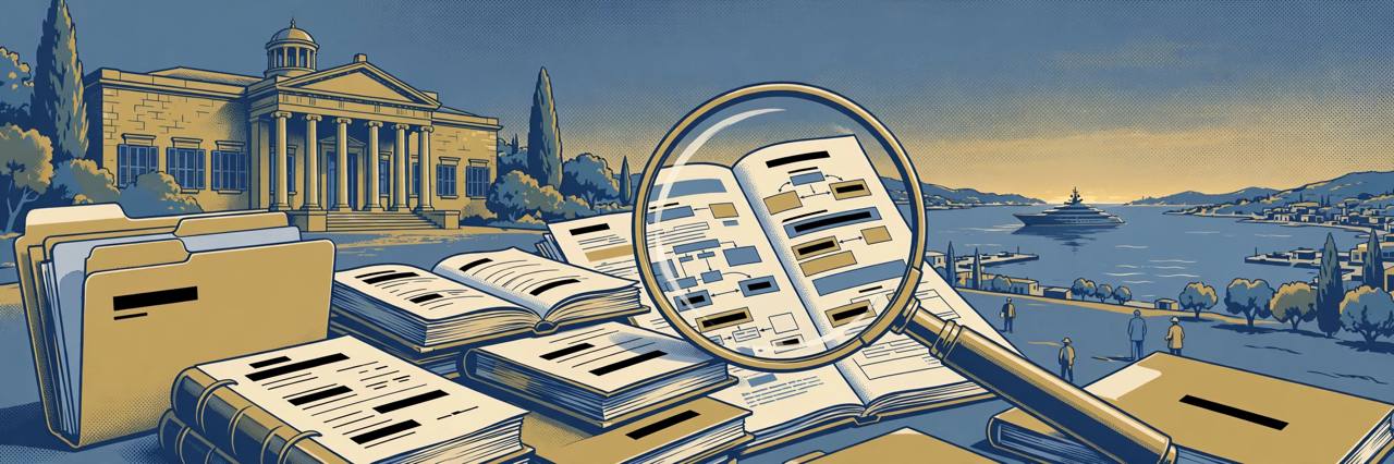 Editorial illustration of a Mediterranean parliament building, oversized ledger books and a superyacht in a distant harbour — no people, no real person's likeness