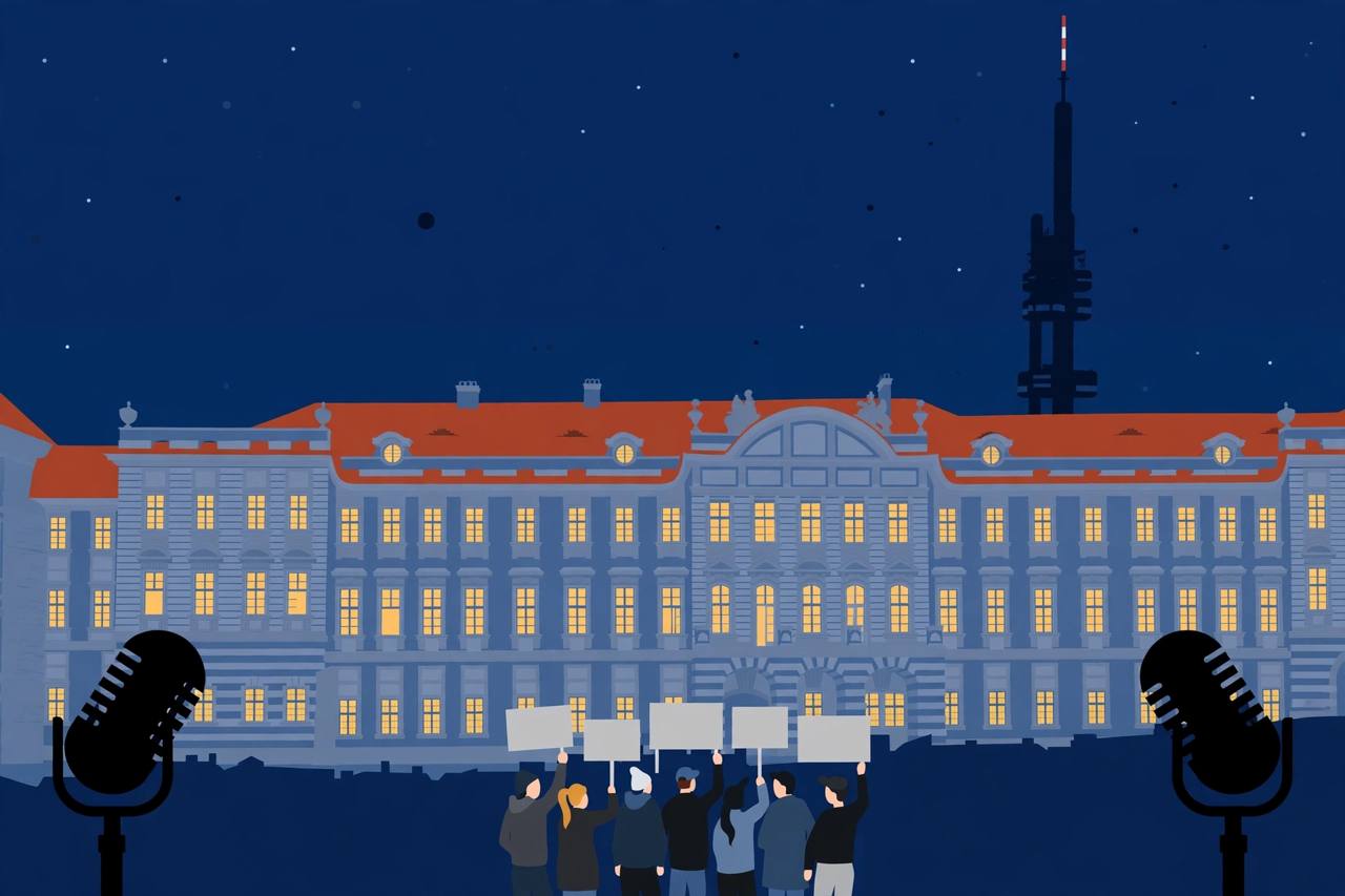Editorial illustration of Prague parliament at night with a television tower and generic protesters with blank placards
