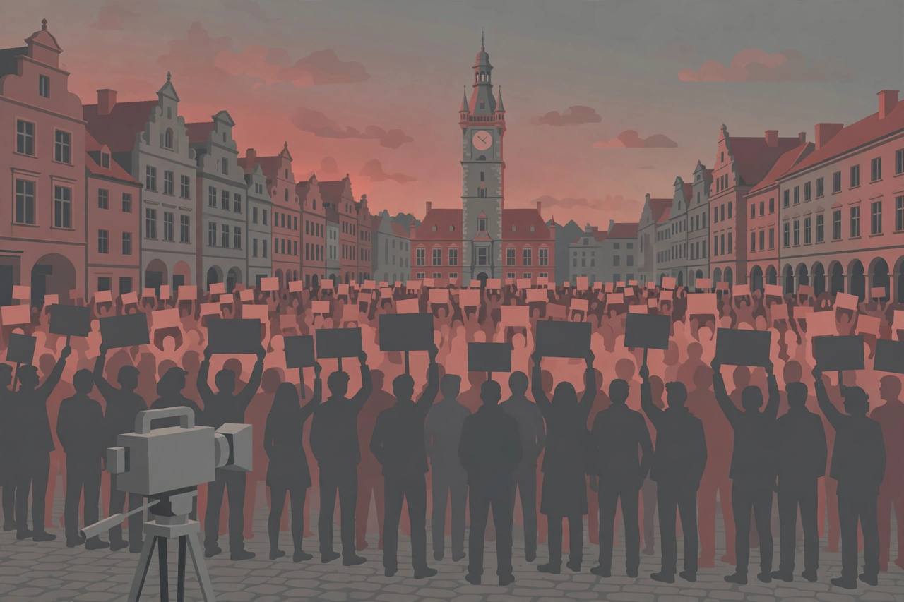 Editorial illustration of a generic crowd of protesters with blank placards and a television camera in a historic European old town square with a clock tower - flat style, no real person shown