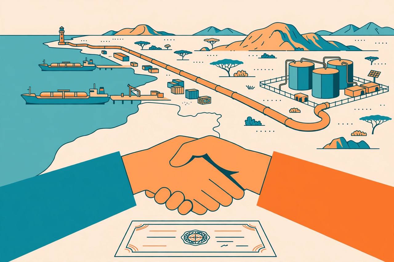 Editorial illustration of an oil pipeline from a port across East Africa to inland fuel depots