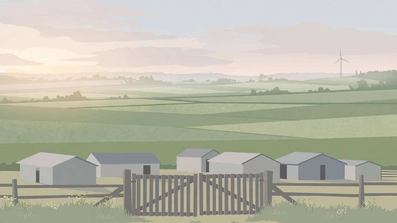 Editorial illustration of a quiet Danish farm landscape at dawn with empty farm sheds behind a closed gate and a wind turbine in the distance — flat style, no people and no animals depicted