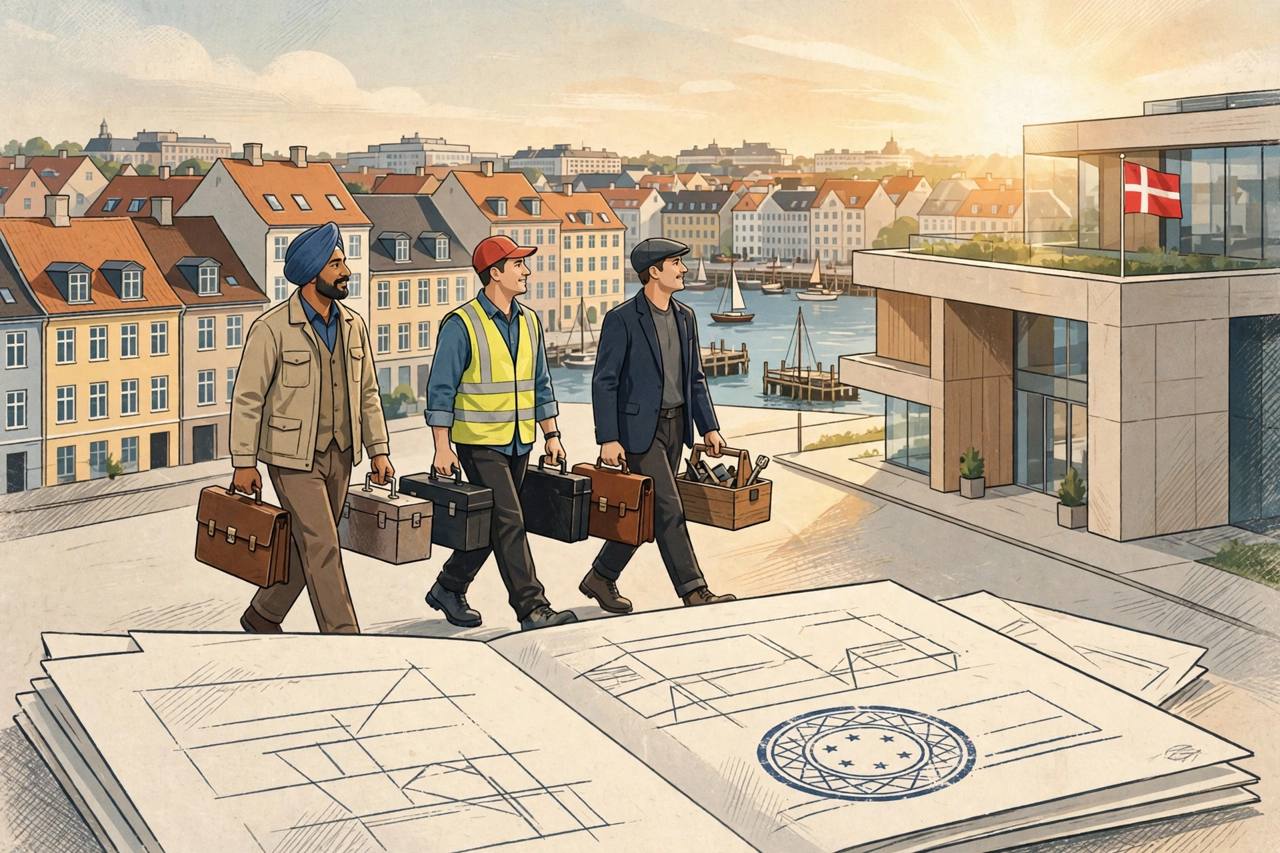 Editorial illustration of generic skilled workers from different countries walking towards a modern Danish office building with a stamped work-permit document in the foreground