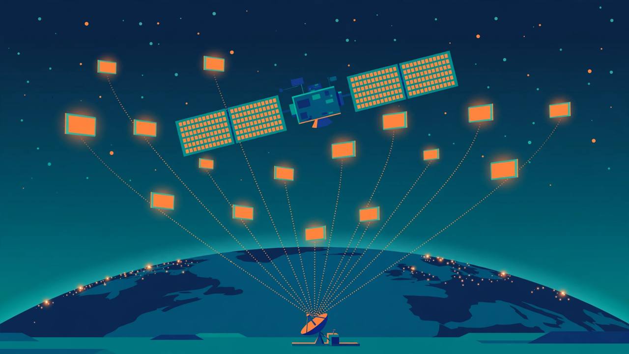 Editorial illustration of a satellite in orbit surrounded by floating advertisement panels, with dotted tracking lines reaching a small ground terminal