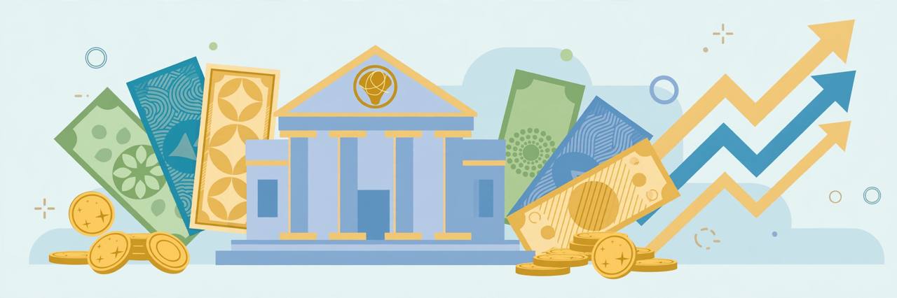 Editorial illustration of generic world currency banknotes and coins around a simple central bank building, flat style, no text, no real person depicted