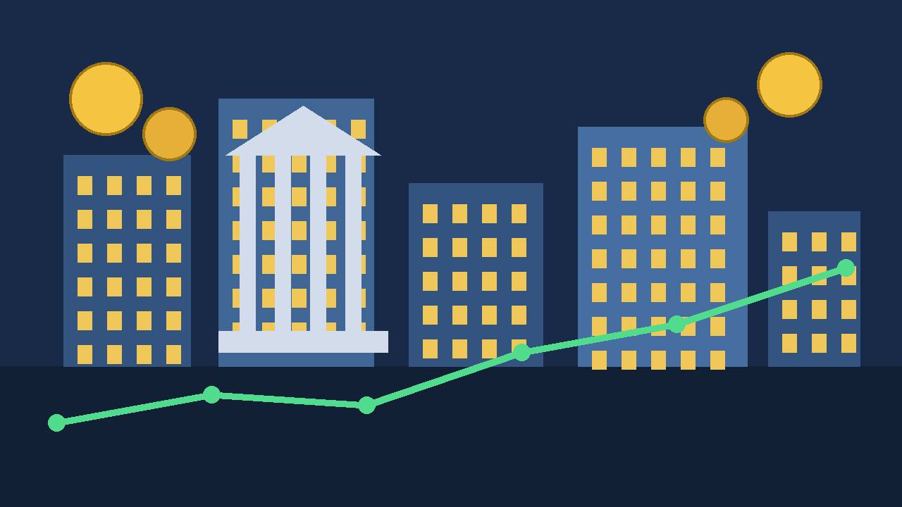 Editorial illustration of stylised central bank buildings with columns, gold coins and a rising green chart line, no people