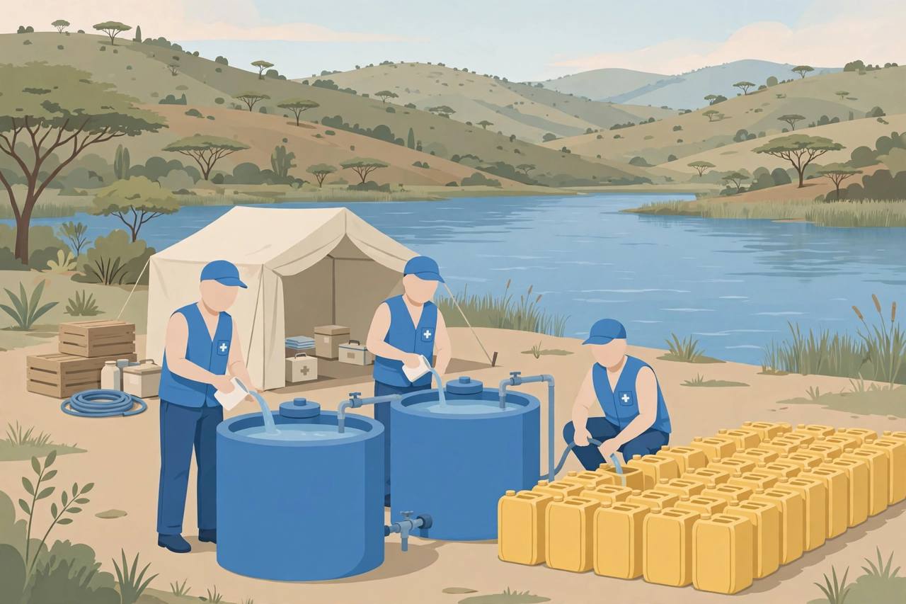 Editorial illustration of health workers chlorinating water at tanks and jerrycans outside a lakeside treatment centre in Tanganyika, DR Congo, generic figures only