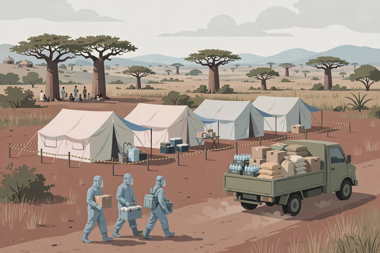 Editorial illustration of generic health workers in protective suits outside a rural Ebola treatment centre with tents and a food aid truck in central Africa