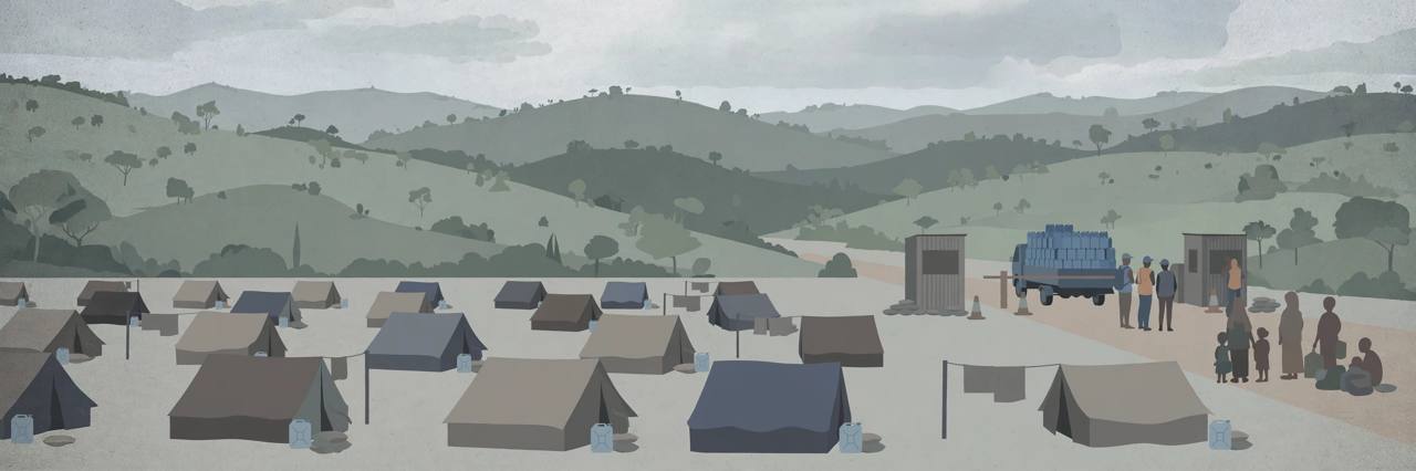 Editorial illustration of a displacement camp in north-east Congo with shelters and a stopped aid truck carrying water containers