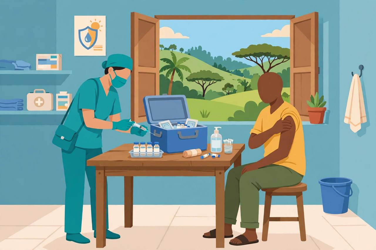 Editorial illustration of a generic health worker giving a vaccine injection at a small clinic — flat style, no real person depicted