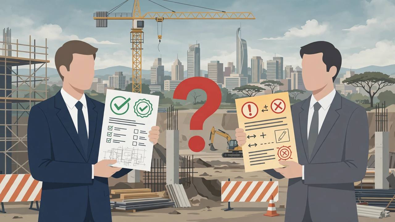 Editorial illustration of two generic officials holding conflicting building approval documents with a construction site in the background in Nairobi