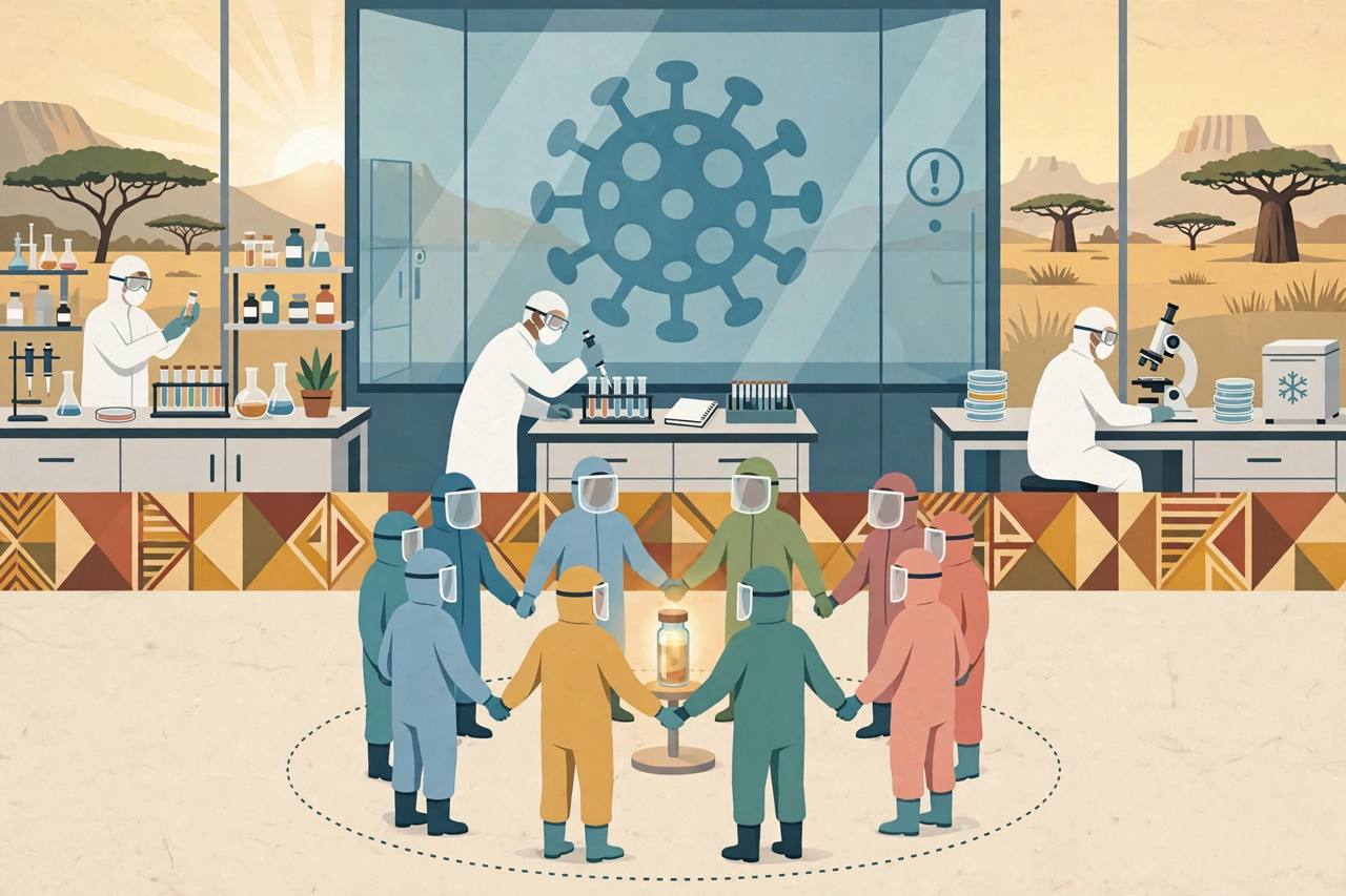 Editorial illustration of generic scientists in a laboratory examining vaccine vials, with a ring of protected figures around a vial