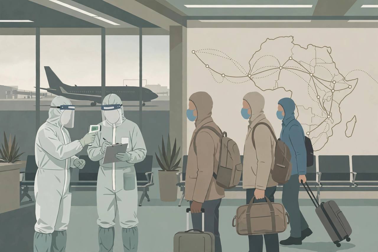 Editorial illustration of health workers in protective suits screening travellers at an African airport — flat style, no real person depicted