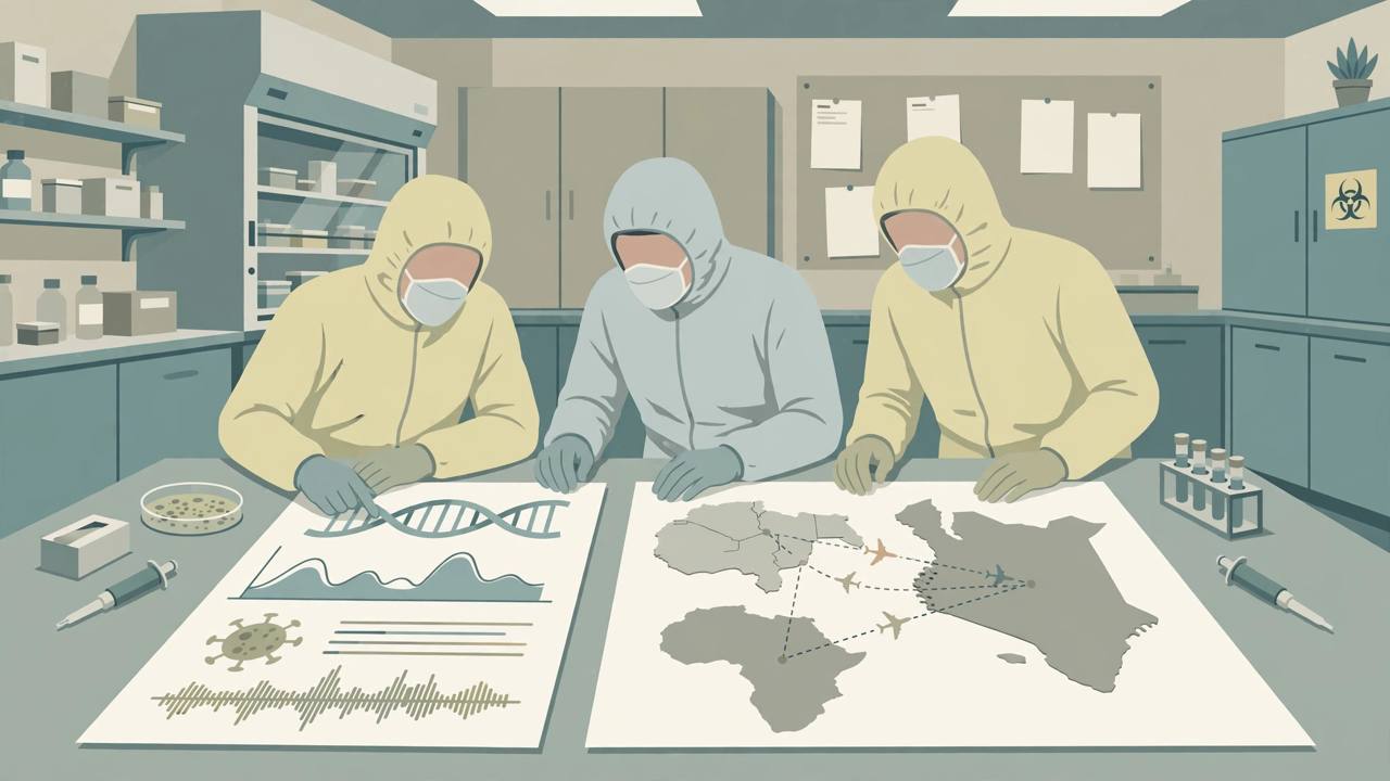 Editorial illustration of scientists in protective suits examining genome charts and an airport route map linking Uganda, Kenya and Nigeria