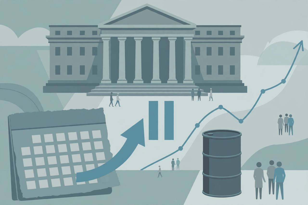 Editorial illustration of a central bank building with an upward arrow turning into a pause symbol over a calendar, with an oil barrel and a rising bond yield curve behind
