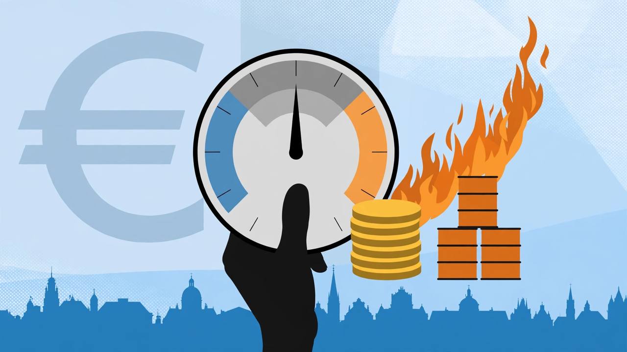 Flat editorial illustration of a central bank interest-rate dial held steady in the middle, with euro coins, flaming oil barrels and a European skyline