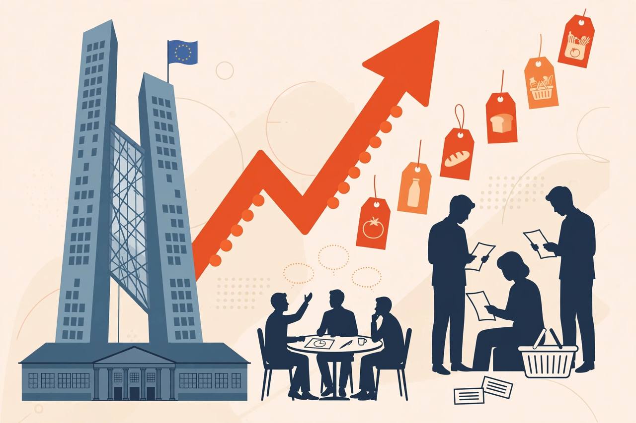 Editorial illustration of a European central bank building with a rising interest-rate arrow and households looking at shopping bills