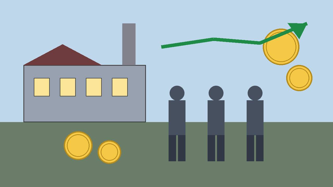 Editorial illustration of factory workers and euro coins with a rising pay line, for the ECB wage-demands survey