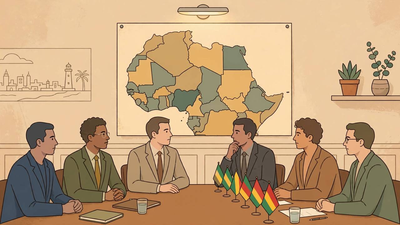 Editorial illustration of generic delegates at a conference table with a stylised West Africa map — flat style, no real person depicted