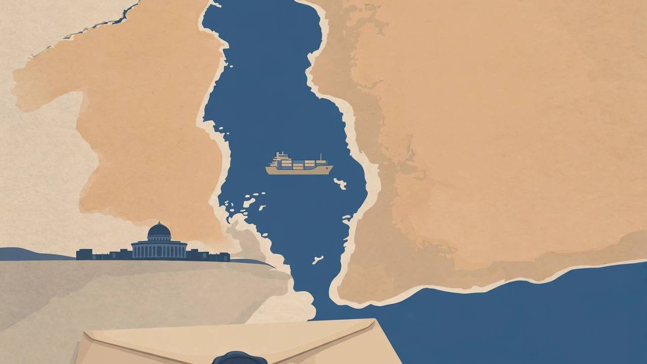 Editorial illustration of a stylised Red Sea and Bab el-Mandeb strait map with a cargo ship, a generic parliament dome silhouette and a sealed diplomatic envelope — no real place or person depicted